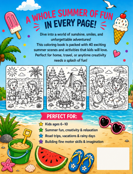 Kids Summer Coloring Book: Beach, Pool, Camp, Ice Cream & Outdoor Fun for Kids Ages 6–10 | Easy & Relaxing Coloring Pages