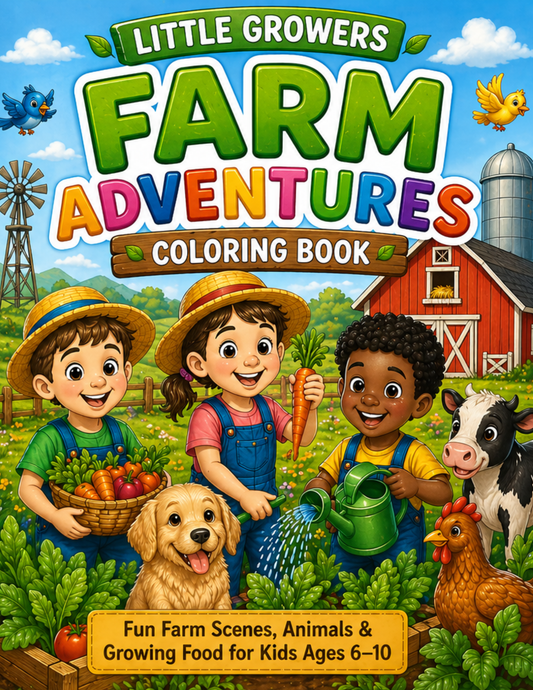 Little Growers: Farm Adventures Coloring Book: Fun Farm Scenes, Animals & Growing Food for Kids Ages 6–10 (Little Growers Series)