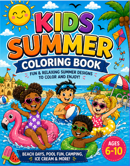 Kids Summer Coloring Book: Beach, Pool, Camp, Ice Cream & Outdoor Fun for Kids Ages 6–10 | Easy & Relaxing Coloring Pages